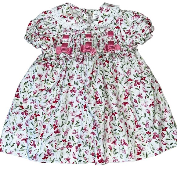 Dainty Floral Smocked Collared Dress Ribbons Satin Lace RN 16954 Vintage 24 Mont - Picture 1 of 4